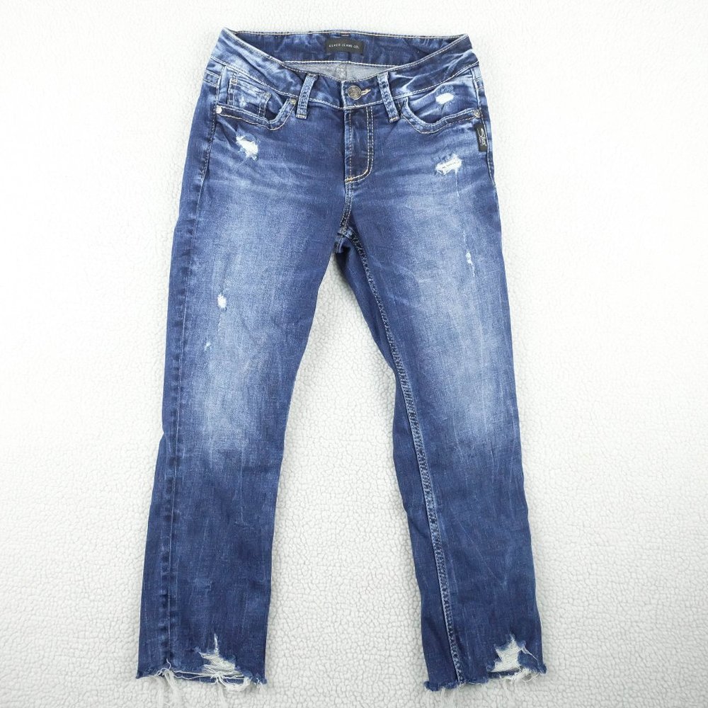 Silver Jeans Else Capri Womens 24 Distressed Denim Raw Hem Stone Wash Retro